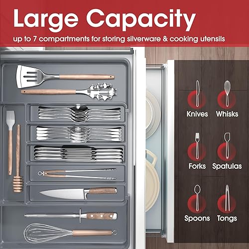 Vista 12 de Aujen Organizador de cubiertos – Organizador de cajones de cocina expandible, organizador de utensilios ajustable, bandeja de cubiertos para Negro