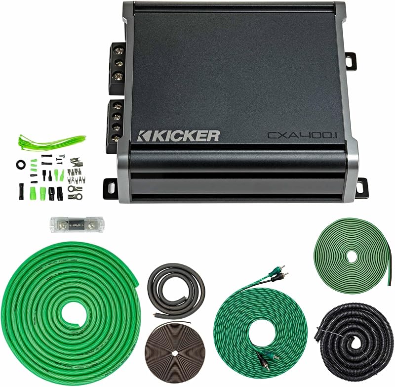 46CXA4001 400W CX Series Mono Class D Subwoofer Amplifier + SoundBox 4 Gauge Amp Kit Bundle – Complete AWG Wiring, 5000W, One‑Ohm Stable, Variable 12dB Crossover, KickEQ Bass Boost