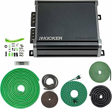 Kicker 46CXA4001 400W CX Series Mono Class D Subwoofer Amplifier + SoundBox 4 Gauge Amp Kit Bundle Complete AWG Wiring, 5000W, OneOhm Stable, Variable 12dB Crossover, KickEQ Bass Boost
