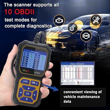 At500 سيارة Obd2 رمز الماسح الضوئي قارئ المحرك رمز الخطأ قارئ الماسح الضوئي ضوء الفولتميتر التلقائي أداة المسح التشخيصي لجميع سيارات بروتوكول Obd Ii منذ عام 1996 ، دعم متعدد اللغات