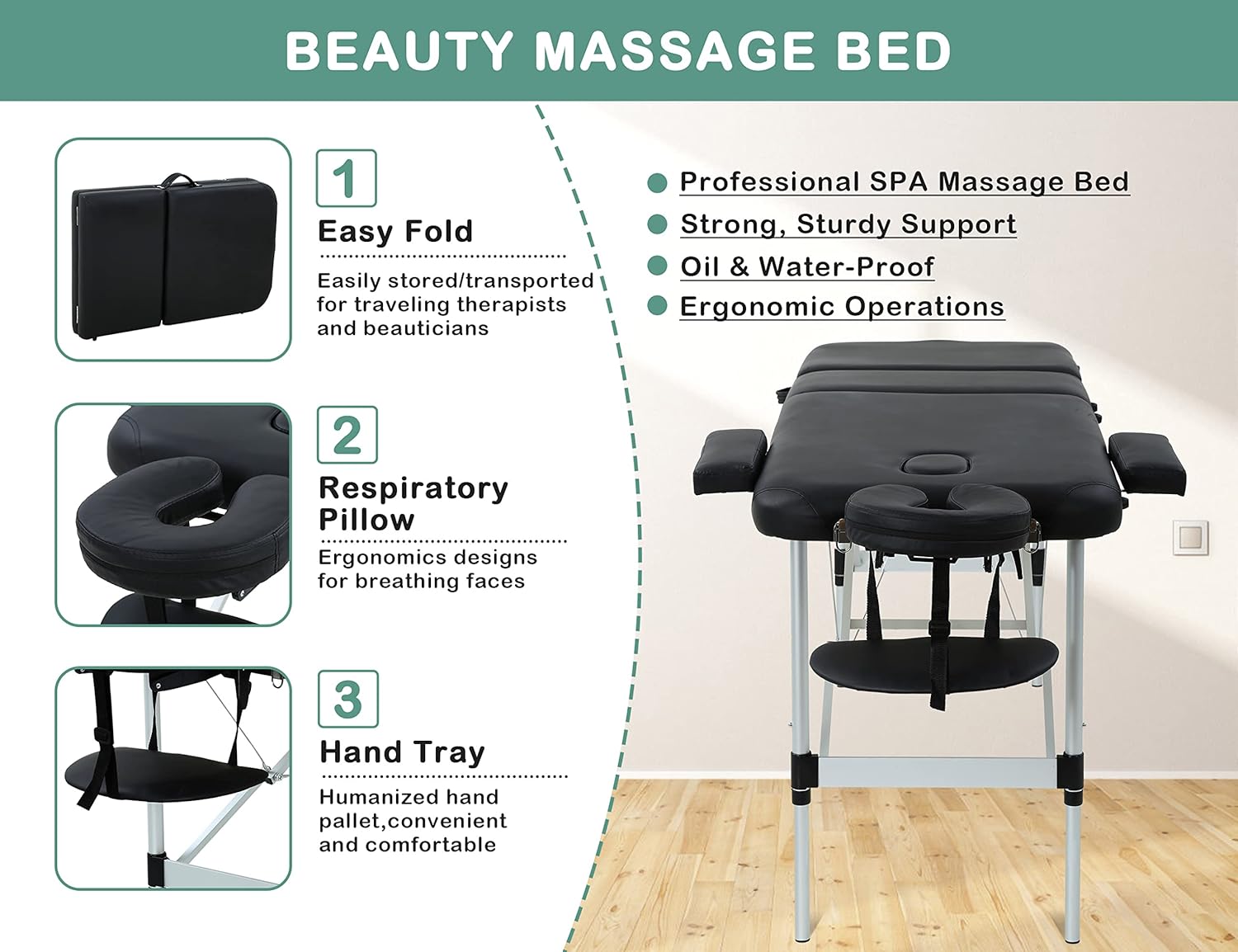 Massage Tables Portable Lash Bed 73 inch Aluminium Tattoo Table Height Adjustable Portable Spa Bed 3 Folding Chiropractic Table w/Carry Case/Face Cradle/Hand Pallet for Travel Physical Therapist