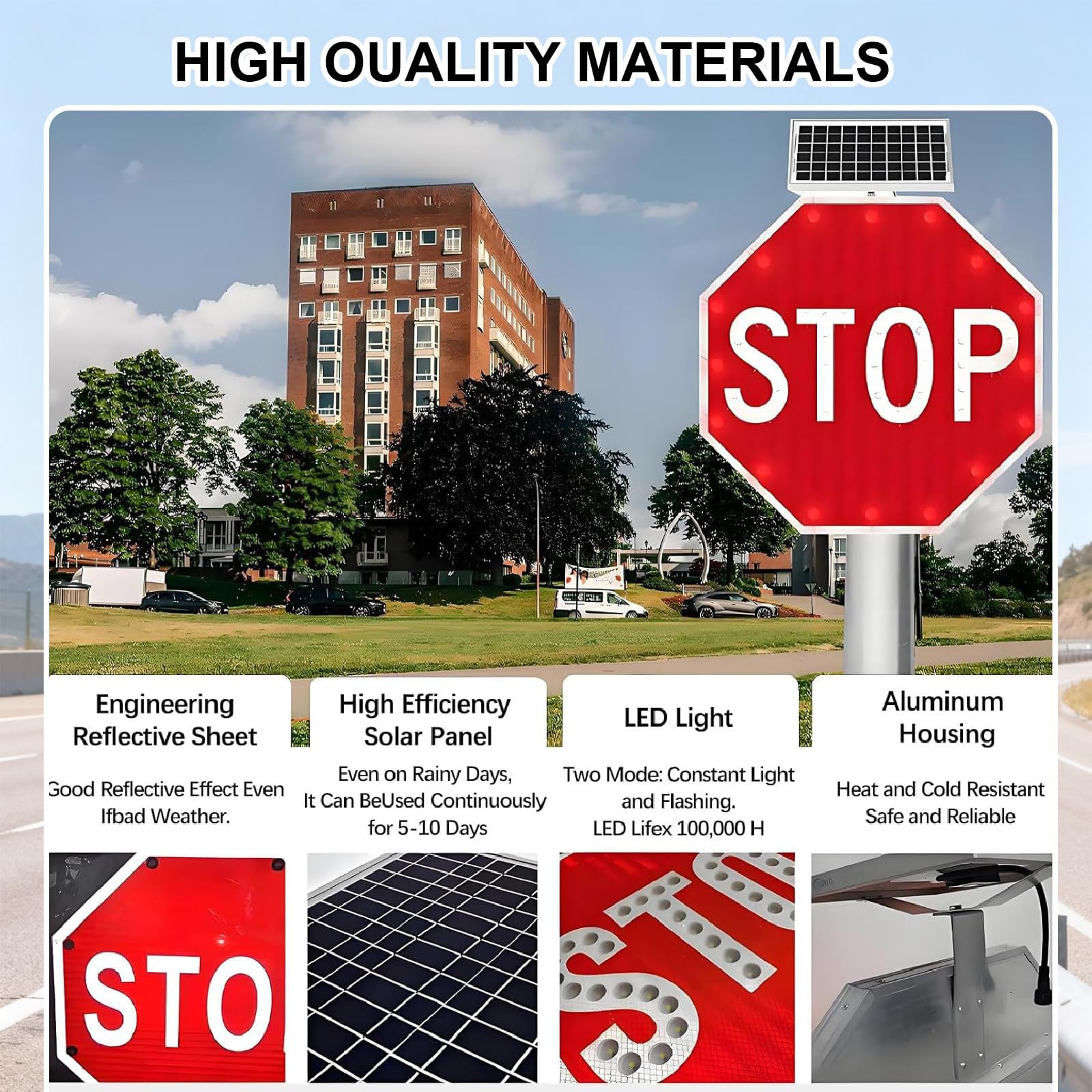 Señal De Stop Intermitente - Señal Led Solar De 24/31 Pulgadas, con Película Reflectante De Grado Industrial, Señal De Tráfico Octagonal De Aluminio - para Estacionamientos 24x24in