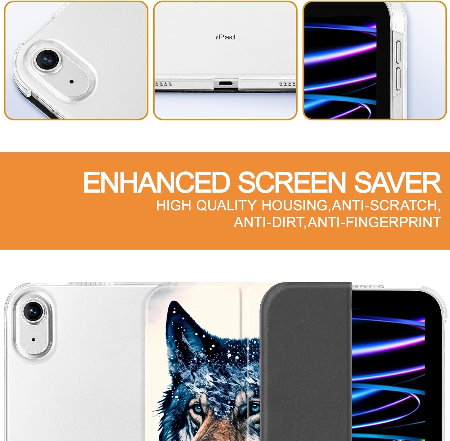 Tuiklol Case for iPad 11 inch A16 2025 Generation 11th / iPad 10.9 inch 2022 10th Gen, Buit in Pencil Holder with Shockproof Cover PC Clear Transparent Back Shell Auto Wake/Sleep, Wolf
