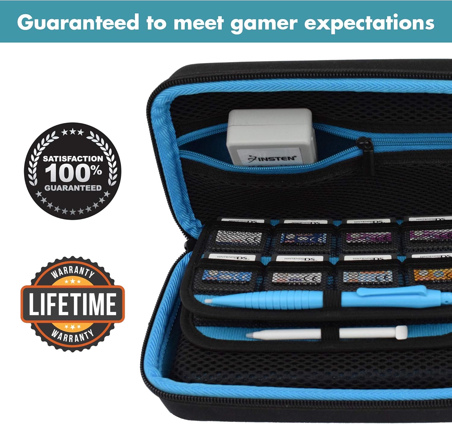 Hard Shell Carrying Case - Compatible with Nintendo 3DS XL and 2DS XL - Fits 16 Game Cards and Wall Charger - Includes Removable Accessories Pouch and Extra Large Stylus Light Blue