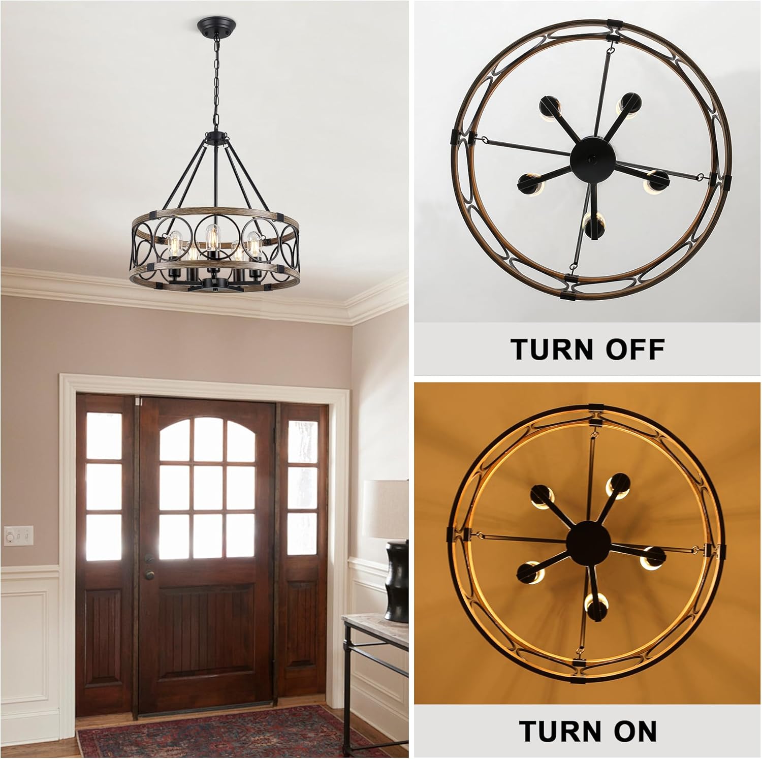 Farmhouse Chandelier for Dining Room 5-Light Black Rustic Drum Chandeliers 20" Wood Texture Adjustable Pendant Light Fixture for Kitchen Island Entryway Bedroom Hallway