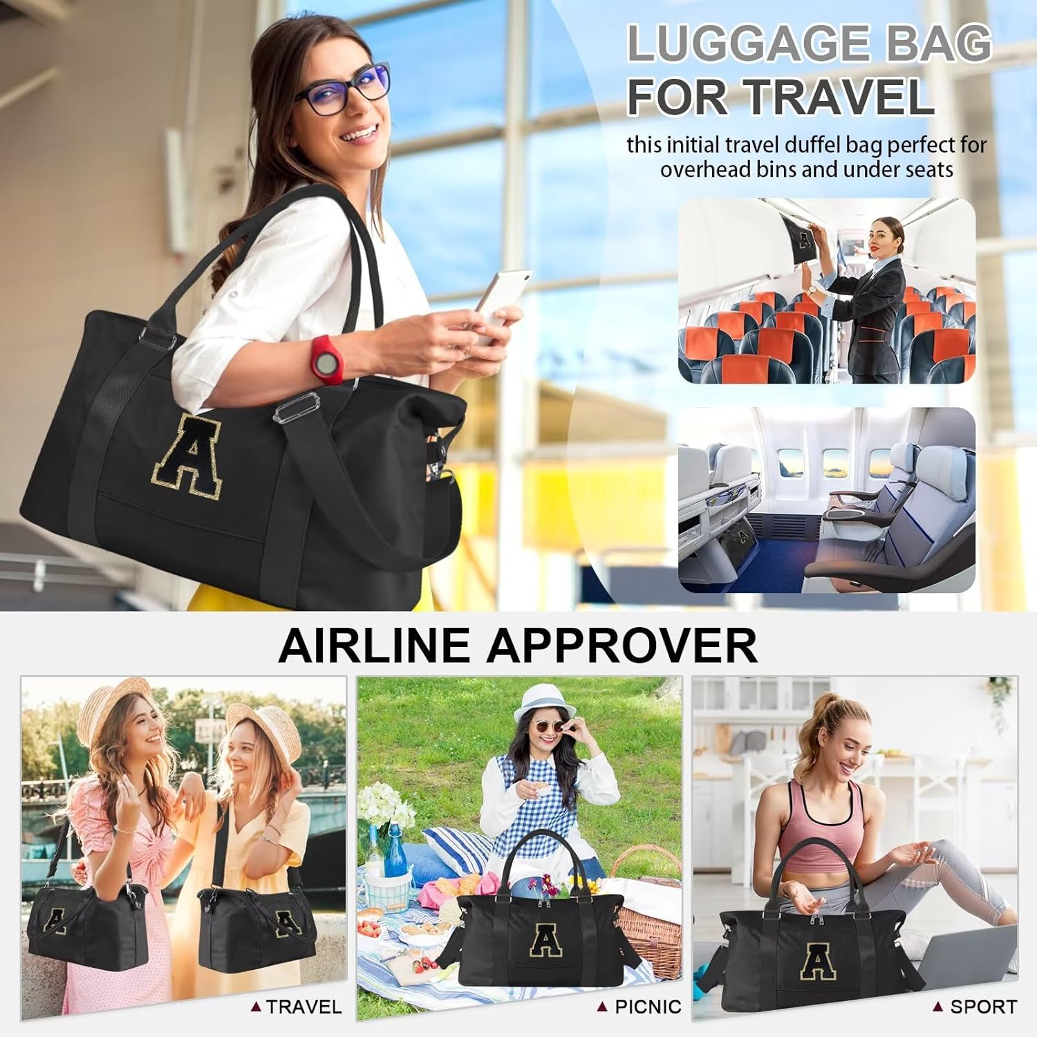 Dance Gym Duffel Bag for Teen Girls, Personalized Initial Travel Weekender Bag,Cute Overnight Carry On Duffle for Women,Sports Travel Cheer Bag,Monogram Christmas Gifts for Tween Preppy(black-A) - Image 7