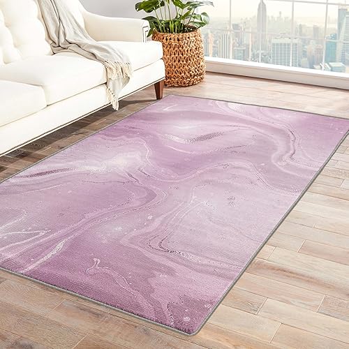 Alfombra de mármol de 3 x 5 pies, color lavanda, para dormitorio, sala de estar, entrada, lavable a máquina, moderna con patrón abstracto, alfombra