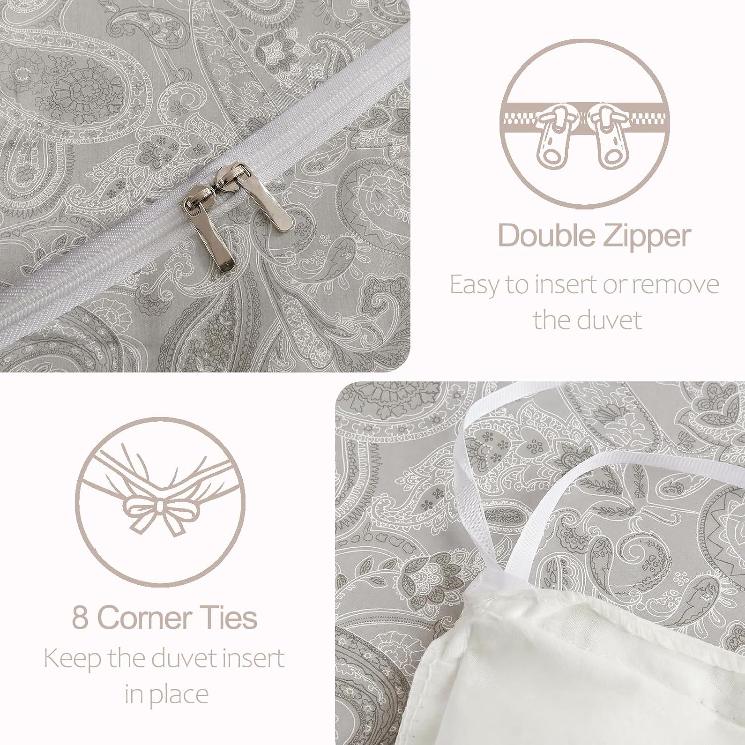 MOVE OVER 100% Cotton Duvet Cover Set King Size, Boho Paisley Bedding Set with Zipper Closure & Corner Ties, Soft Breathable Khaki Paisley Floral Duvet Cover for All Seasons