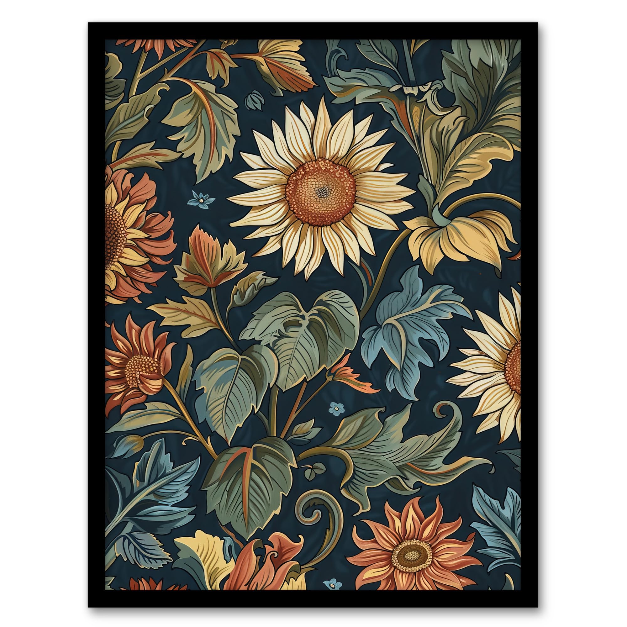 Artery8 Sunflowers in Leaves Painting - Classic Vintage Framed Art Print - A4 - Navy