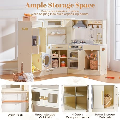 Miniatura 8 de ROBUD Juego de cocina de madera, cocina de esquina de juego de simulación, juego de cocina para niños con luces y sonidos, cocina de juguete