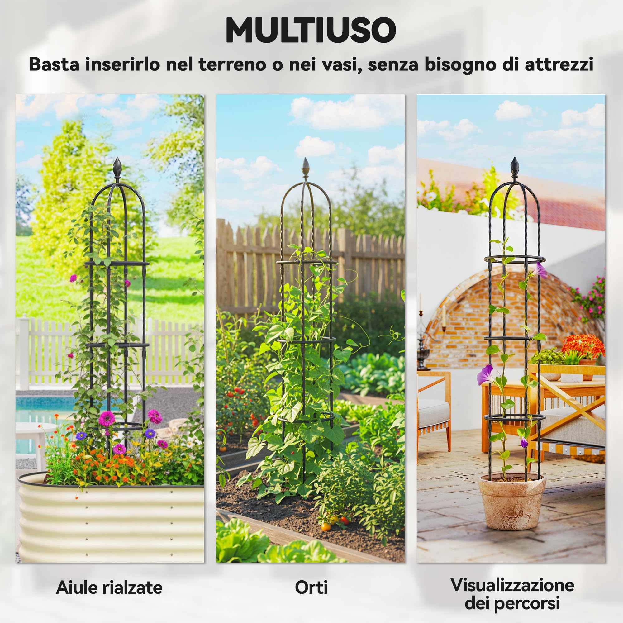Outsunny Set di 2 Supporti per Piante Rampicanti Alti 1.74 m, Traliccio per Rampicanti da Giardino Alti in Acciaio Rivestito in PE con Decorazioni, per Rose, Pomodori, Fiori, Piselli e Verdure, Nero