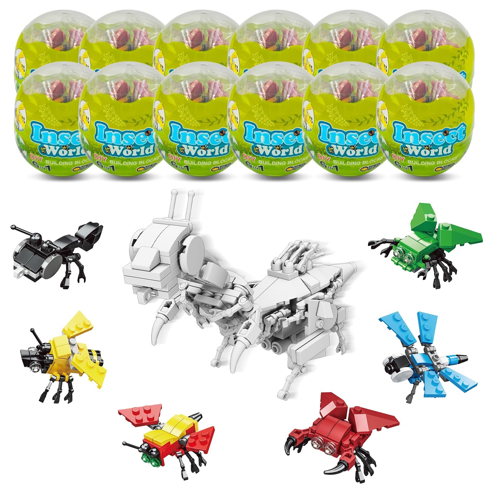 LEBOCADO Mini Building Block Sets, 12PCS Insects Building Blocks, 6 in 1 STEM Toys Eggs Building Sets, Party Favors for Kids Goodie Bags Prizes/Birthday Gifts (Insects)