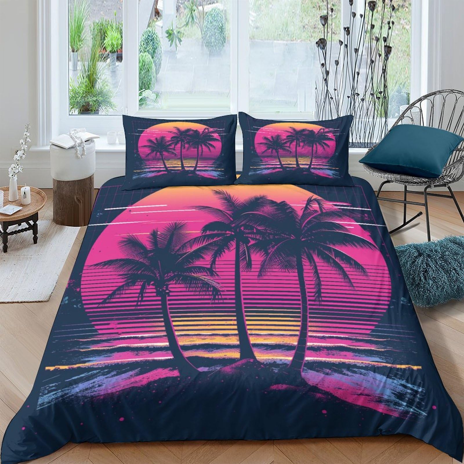Parure de lit en microfibre 200x200 cm avec housse de couette imprimée 3D Coconut Island et taies