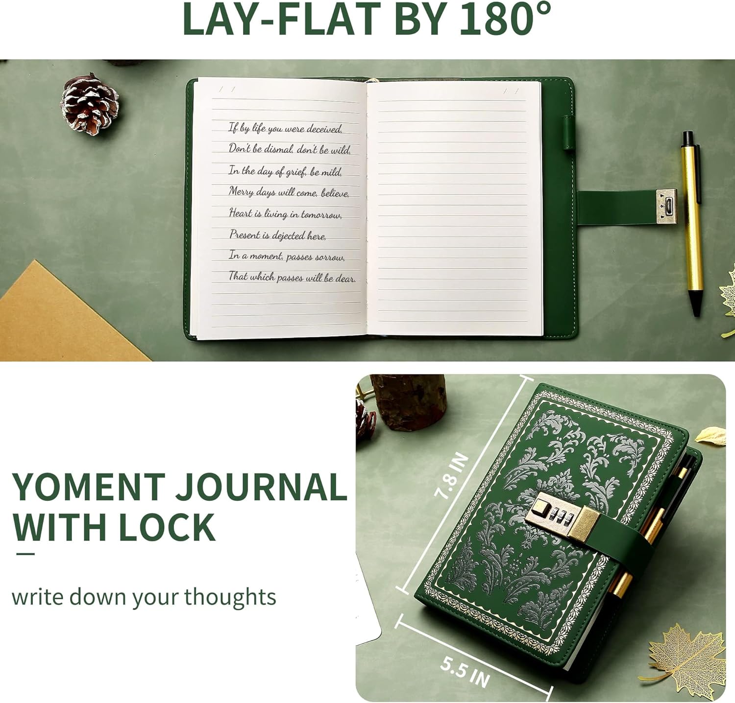 Yoment Diary Vintage Journal with Lock for Women Leather Diary with Lock Refillable Personal Locking Locked Journal Writing Notebook B6 Secret Journal with Combination Password 5.5 x 7.8 in, Green - Image 5