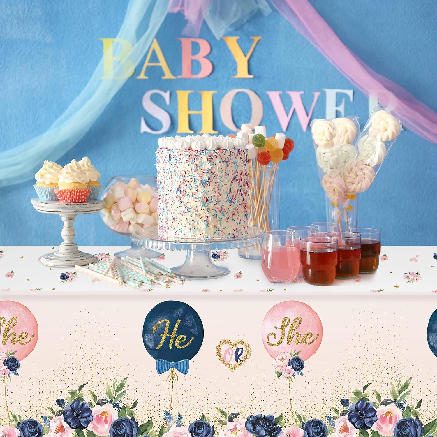 Breling 3 Pack Gender Reveal Tablecloths Plastic Disposable He or She Party Supplies Table Cover, Gender Reveal Party Decorations for Boy or Girl Baby Shower, 54 x 108 Inch