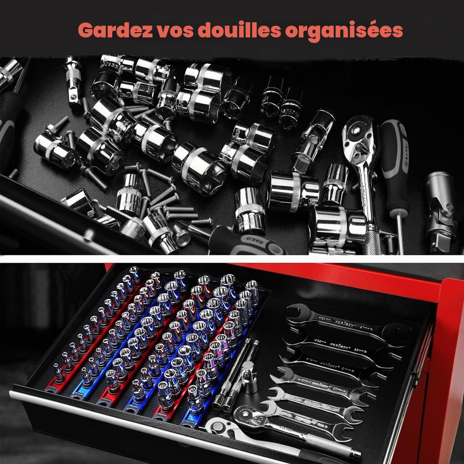ACEBON Rail Porte-Douilles Magnétique 1/2" Lot de 3, Organisateur de Douilles en Aluminium Rouge avec 36 Clips Noirs, Support de Douilles pour Servante d’Atelier, Garage et Panneau Mural
