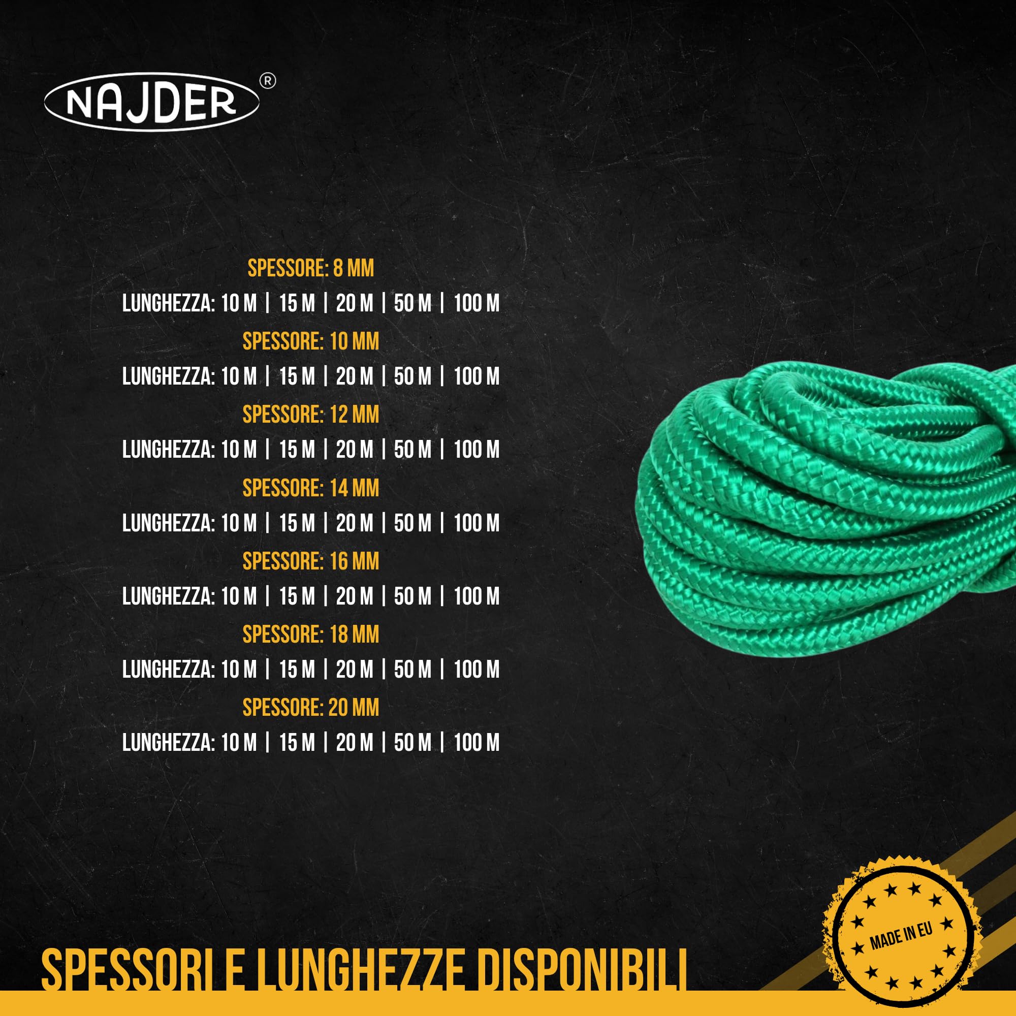 NAJDER Corda in polipropilene verde diametro 20 mm lunghezza 20 m, carico di rottura 34200 N, corda intrecciata universale, paracord, per campeggio, sopravvivenza, giardino, legatura, artigianato