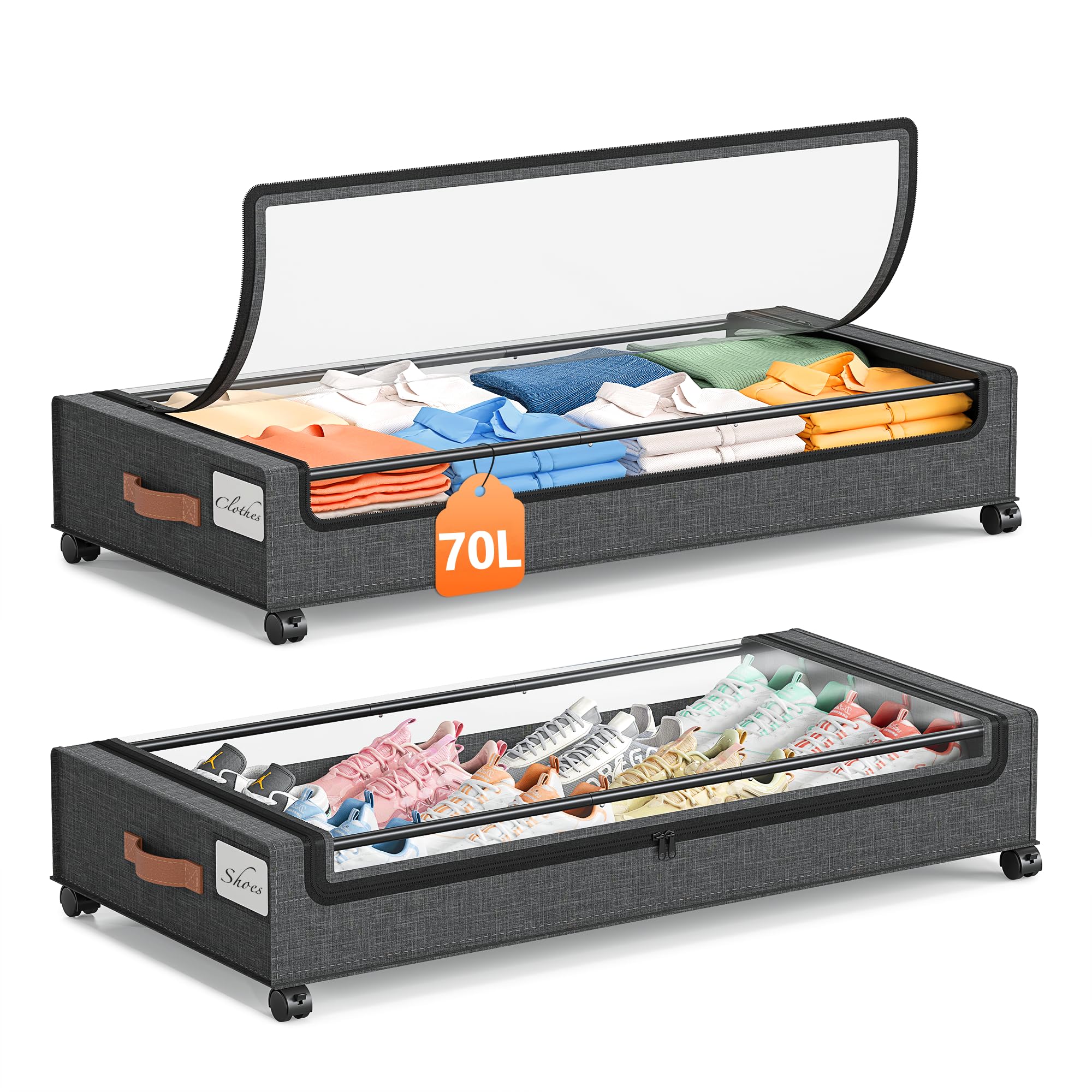 Yecaye 70L Under Bed Storage with Wheels 2Pack Larger Capacity Under Bed Storage Containers Underbed Shoe Storage Organizer