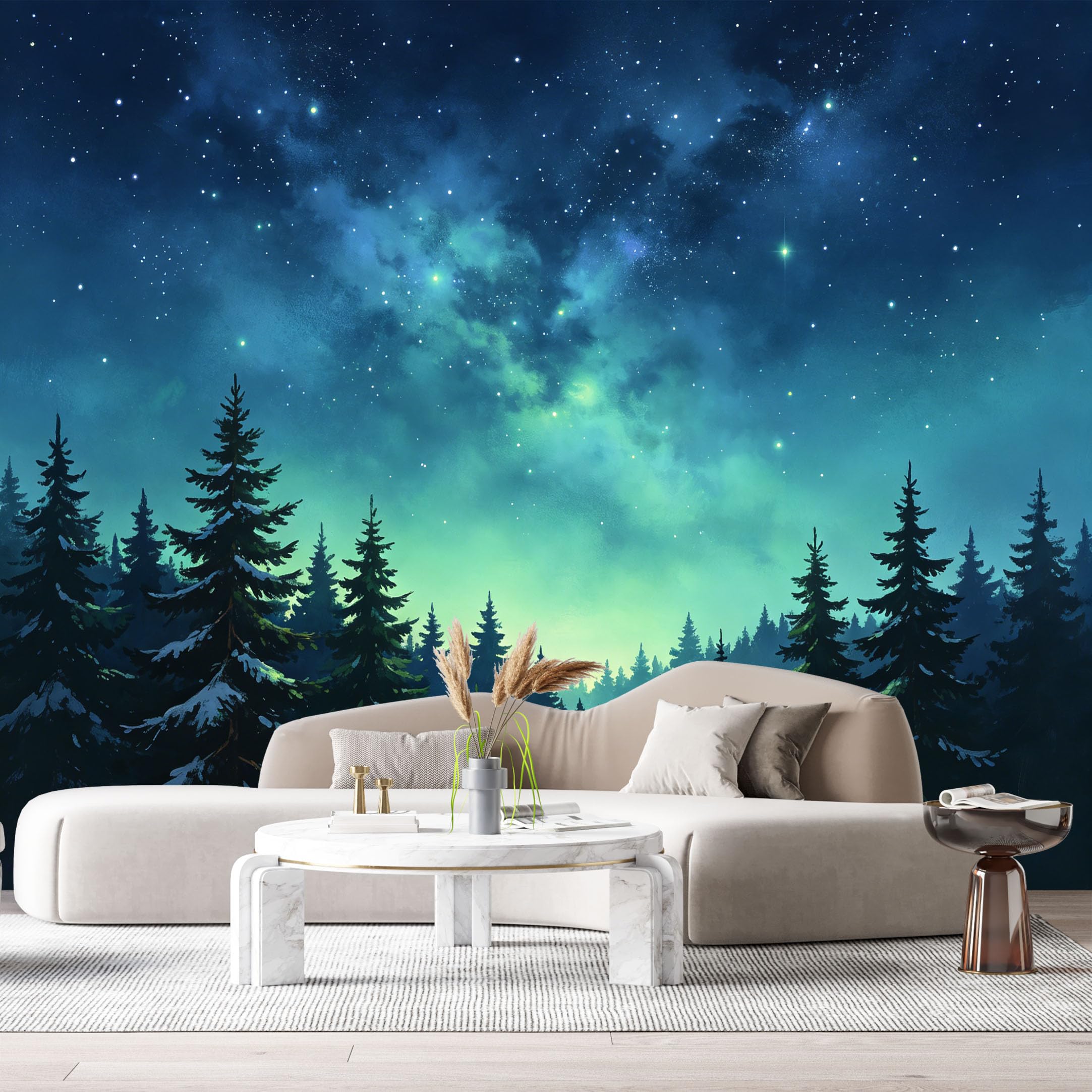 Custom Size Wall Murals Starry Sky Forest Landscape Oil Painting Pine Trees Nightscape SelfAdhesiveWall Fabric Removable Wallpaper Wall Decor for Living Room Bedroom Bathroom
