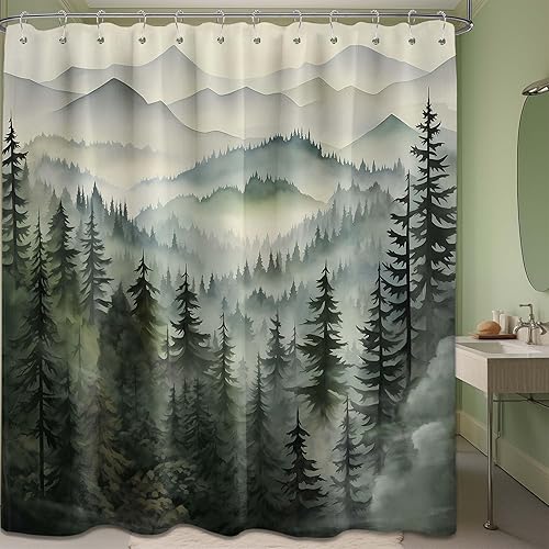 Miniatura 25 de Cortina de ducha azul marino de bosque Cortina de ducha azul oscuro de montaña y naturaleza para decoración de baño de hombres, tela impermeable con