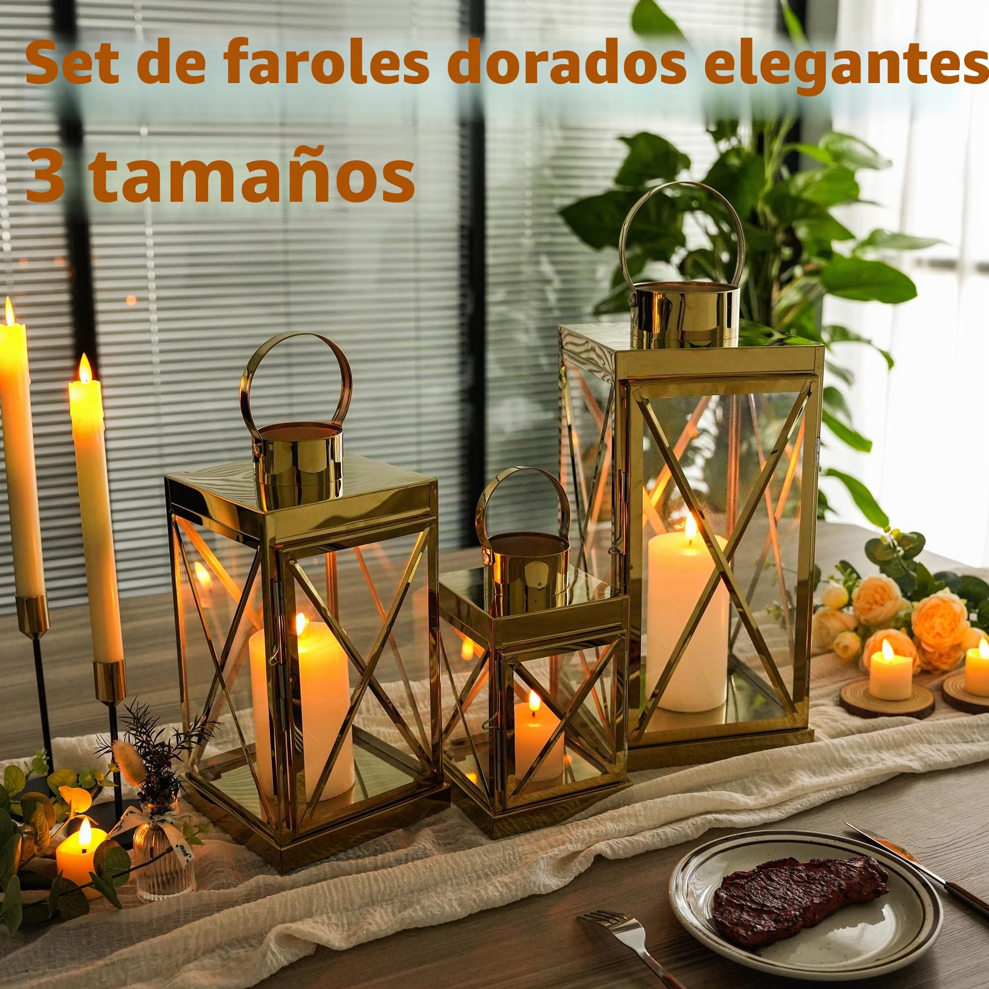 TRIROCKS Set de 3 Faroles de Acero Inoxidable Elegantes, Tamaños 40, 31 y 21cm, Soportes de Vela de Metal con Paneles de Vidrio Transparente para Decoración Exterior (Dorado)