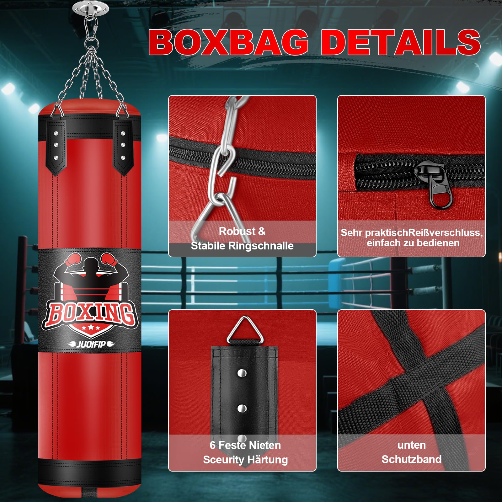 Boxsack-Set für Erwachsene, 120cm/4ft Oxford-Boxsack-Set mit 12oz Boxhandschuhen, geeignet für MMA-Karate-Kickboxen-Boxen-Muay-Thai-Training zu Hause – unbefüllter Schwerer Sack-rot