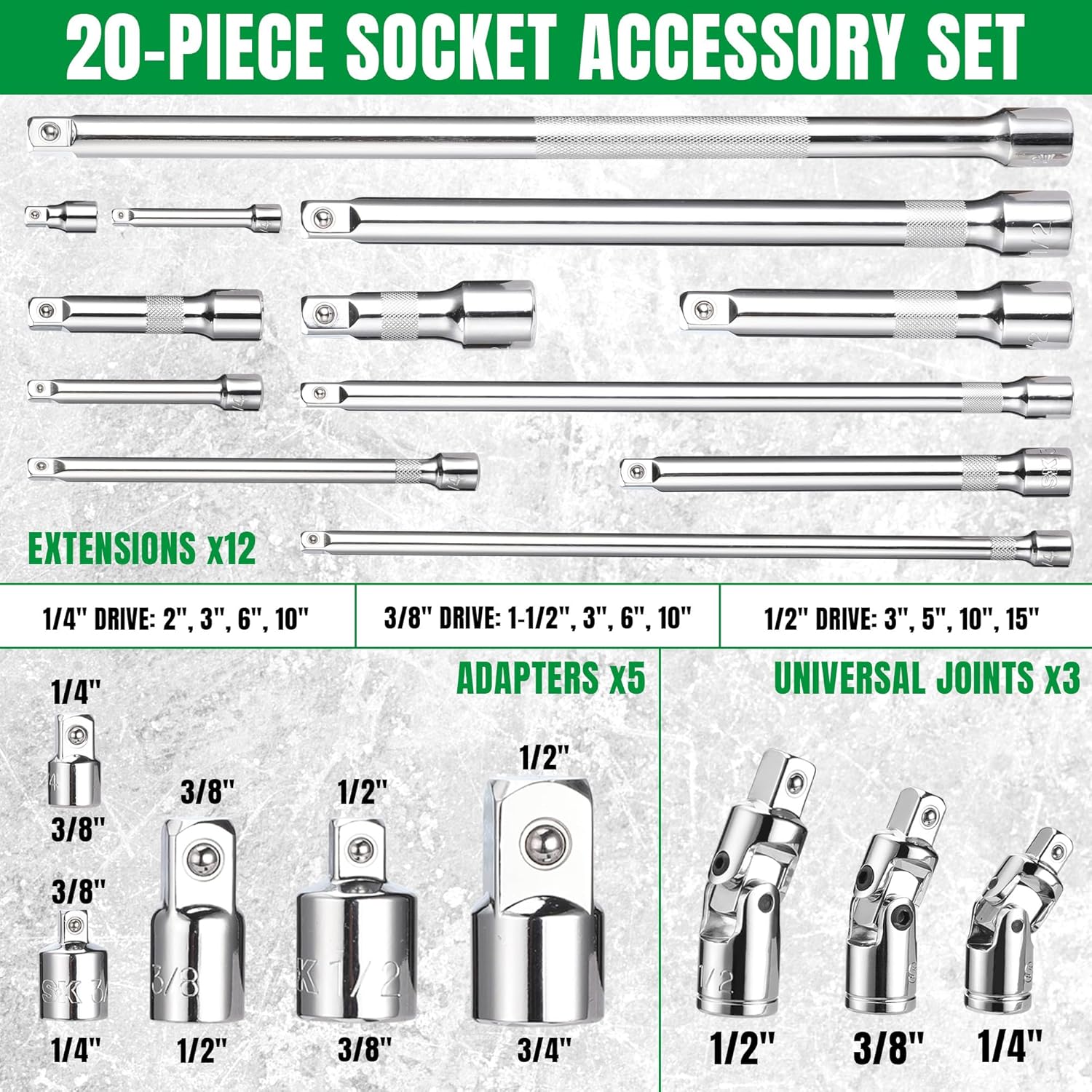 Detailed layout of the 20-piece socket accessory set with labels for extensions, adapters, and universal joints.