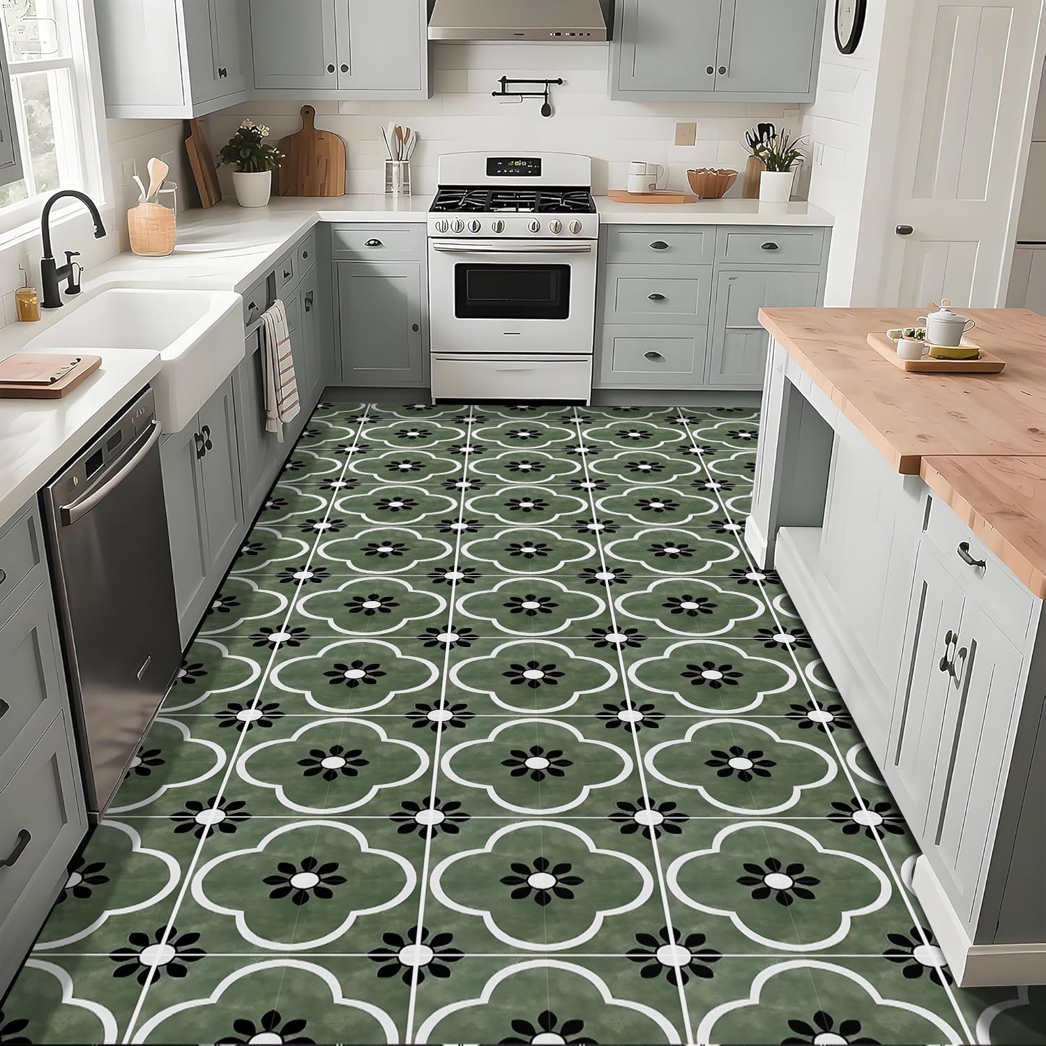 10 azulejos de vinilo de 12 x 12 pulgadas, diseño geométrico de flores de damasco verde, negro y blanco, para despegar y pegar, calcomanías de suelo extraíbles e impermeables para baño, entrada
