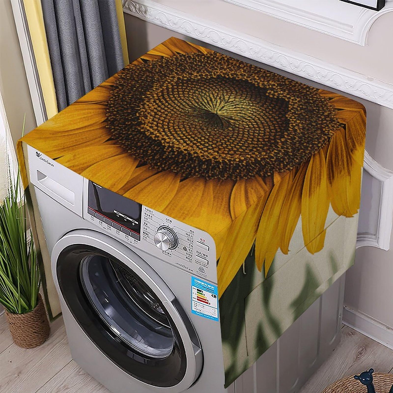 Fodpand White Washing Machine Cover For Top Load Dustproof Bloom Sunflower Washer And Dryer Cover With Storage Pockets Household Appliance Covers Washable Top Protector Mat Pad For Laundry & Kitchen