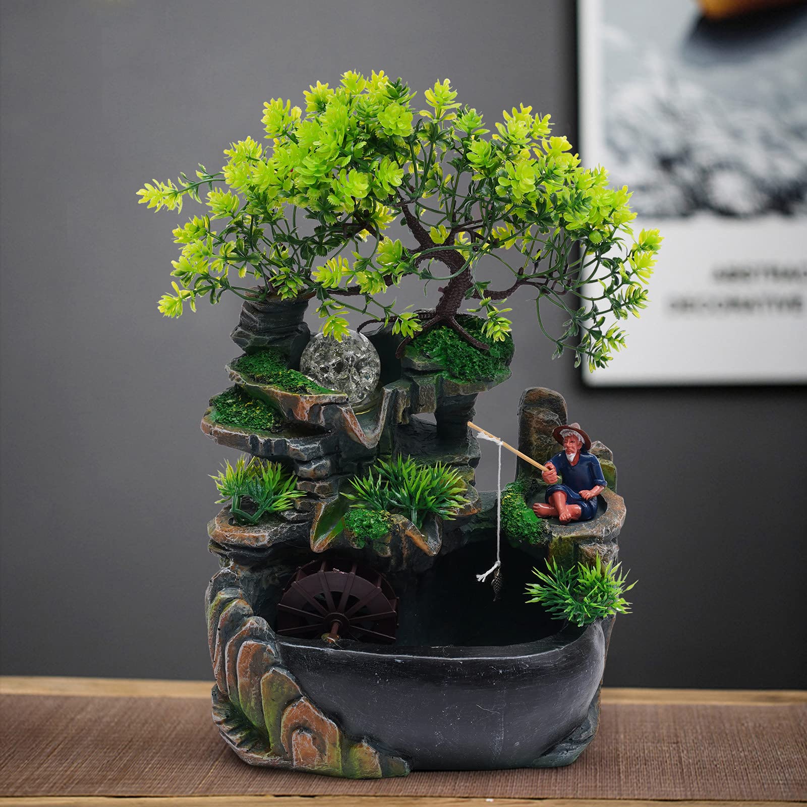 Fontanna stołowa Zen LED Wodospad Feng Shui Fontanna z żywicy Ogród Skalny Rybak Rybak Drzewo Pomysł Prezent do medytacji i relaksu - H 30 cm