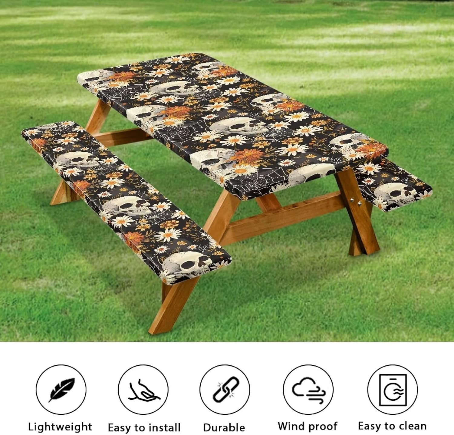 Skull Waterproof Picnic Table Cover and Bench Covers Fitted Tablecloth Cover with Elastic Straps Rectangle Picnic Tablecloth Camping Accessories for Outdoor