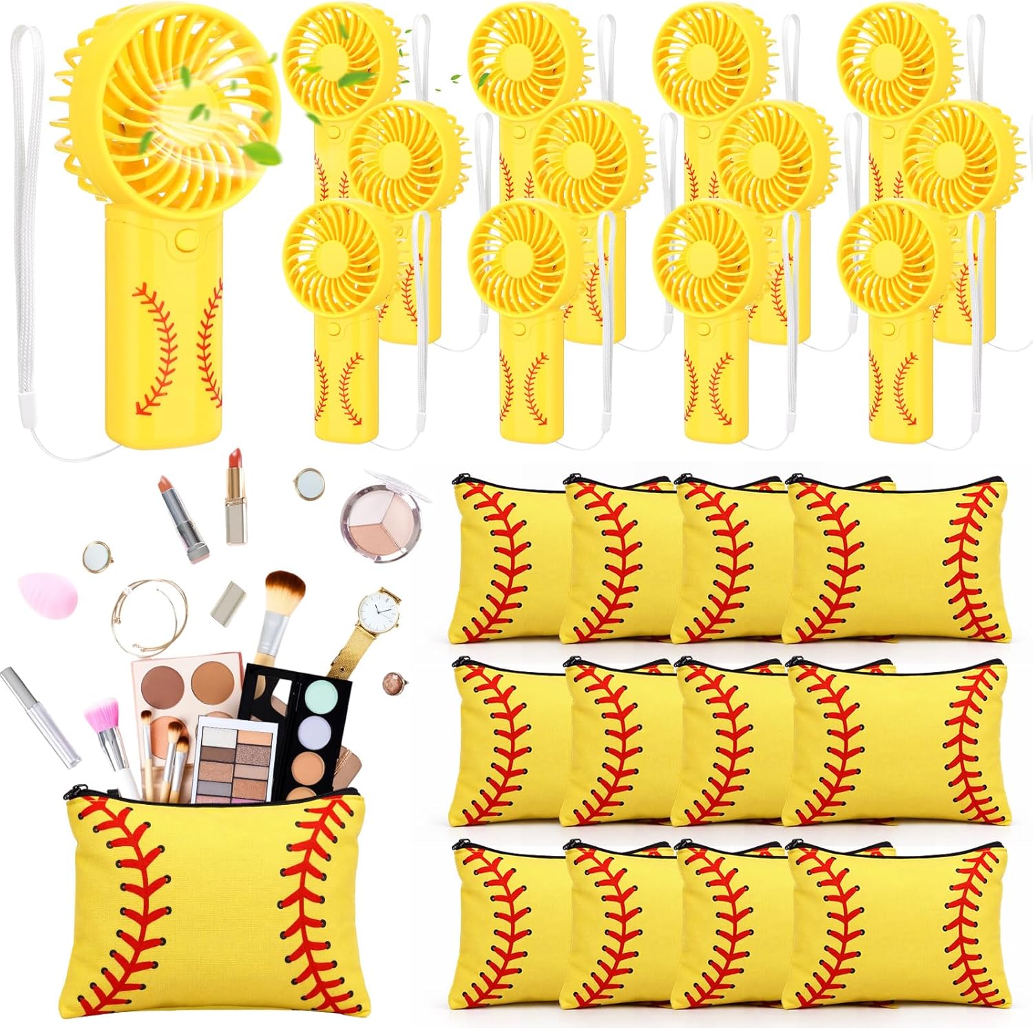 Tuanse 24 Pcs Softball Handheld Fans and Cosmetic Bags Sets Softball Team Gift Bulk 12 Mini Portable Fans and 12 Makeup Bags Sport Party Favors for Team Player Travel, Battery Not Include(Yellow)