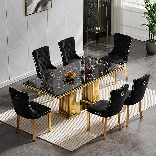 Miniatura 5 de Mesa de comedor de mármol negro de 70 pulgadas, mesa de comedor rectangular para 6-8, mesa de comedor moderna de mediados de siglo con mesa de