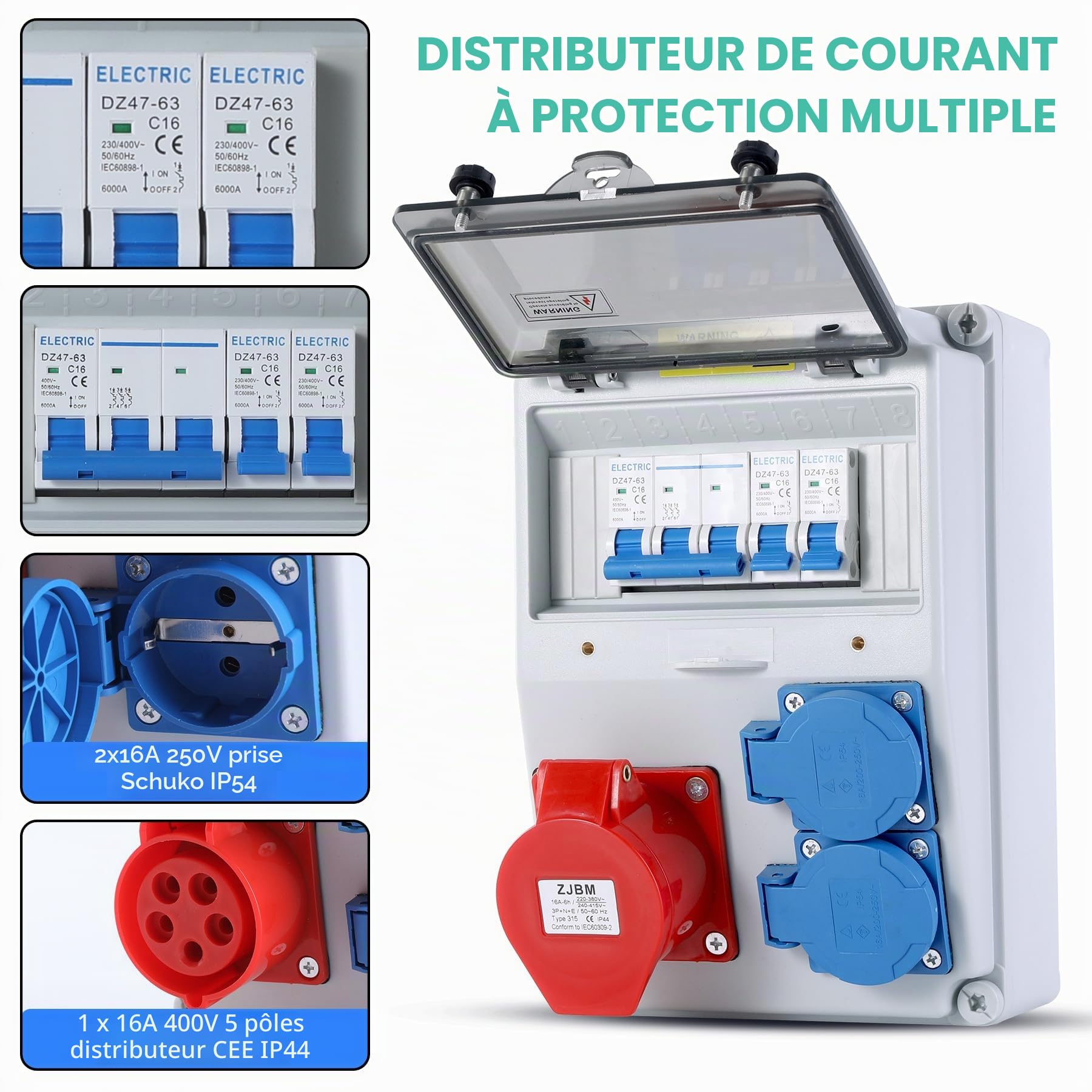 VAYALT Tableau Électrique 16A, Coffret Électrique de Chantier 230V, 2 x 16A Schuko+ 400V 16A CEE avec Disjoncteur, Boîtier étanche IP66, Coffret de Chantier pour Ateliers-Répartiteur Mural pré-câblé