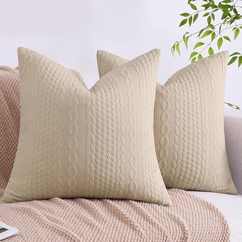 Miniatura 8 de Cikary Juego de 2 fundas de almohada decorativas de 24 x 24 pulgadas para sofá cama con patrón de cuerda trenzada elevada, fundas de almohada