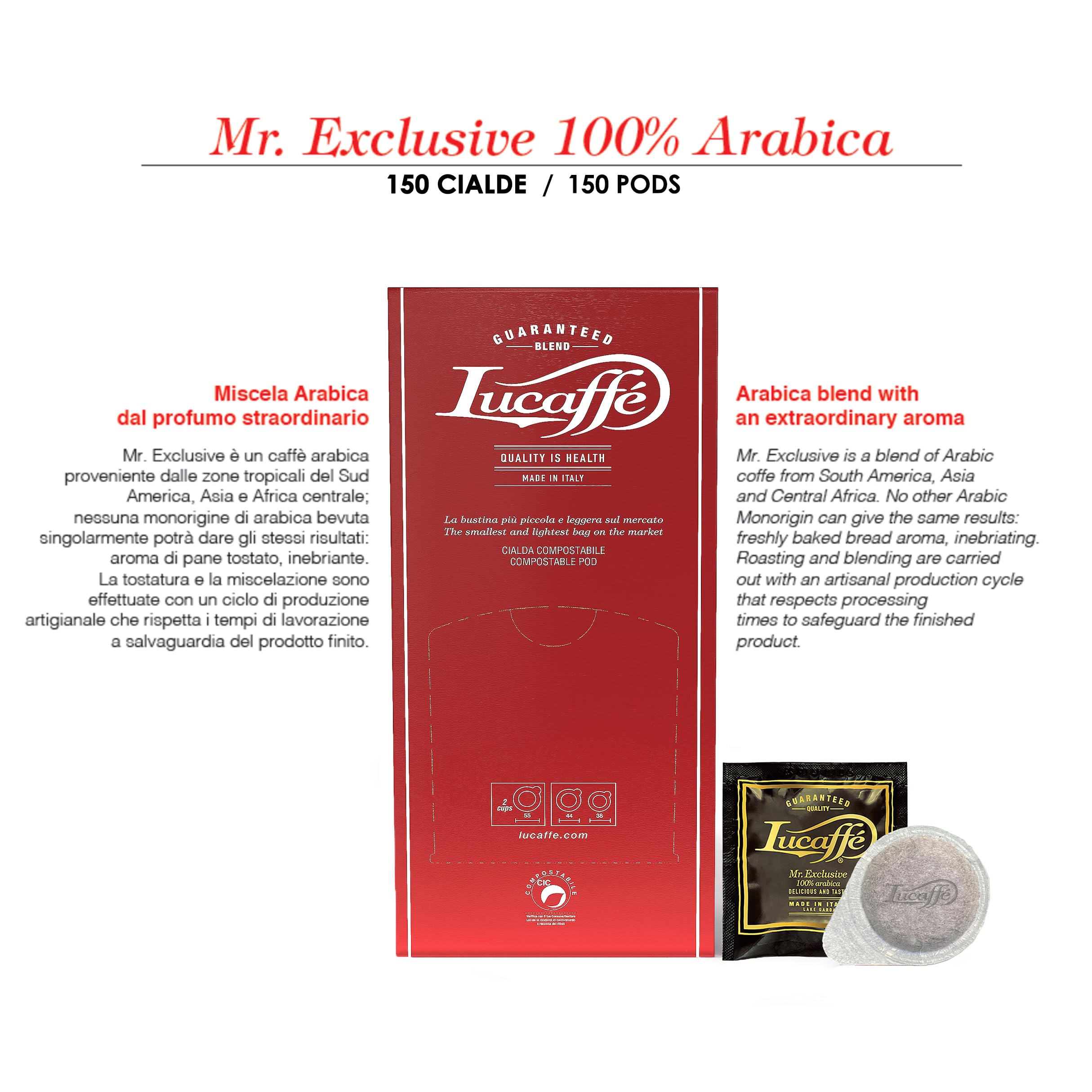 Lucaffè - 150 Kaffeepads 44 mm, Mr. Exclusive 100% Arabica, ESE Kaffee Pads Kaffeemaschine | Premium Mischung for Italienische Espresso |Mittlere Röstung