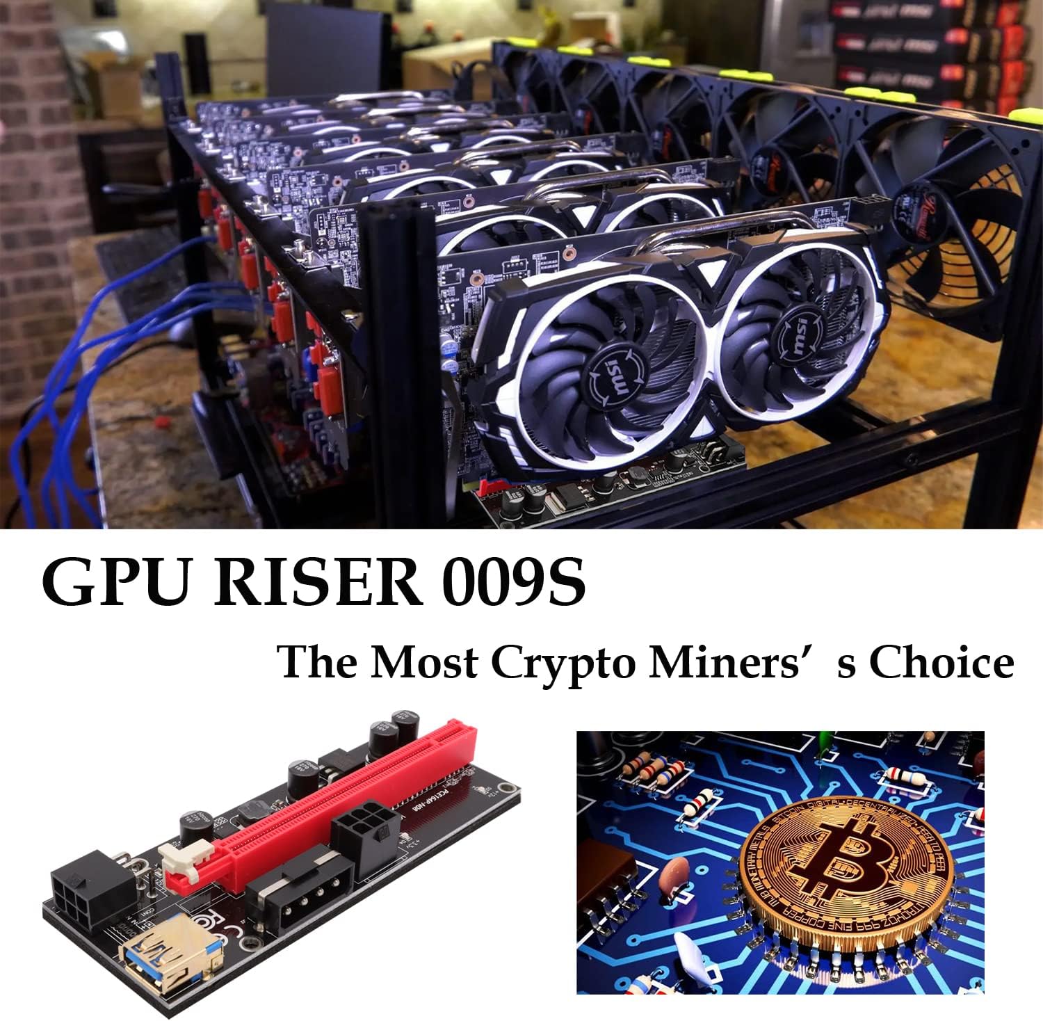 PCI-E Riser 009S GPU Riser Adapter Card PCIE X1 to X16 Extender PCI-Express Riser Cable for Bitcoin Litecoin ETH Coin Mining - 6 Pack