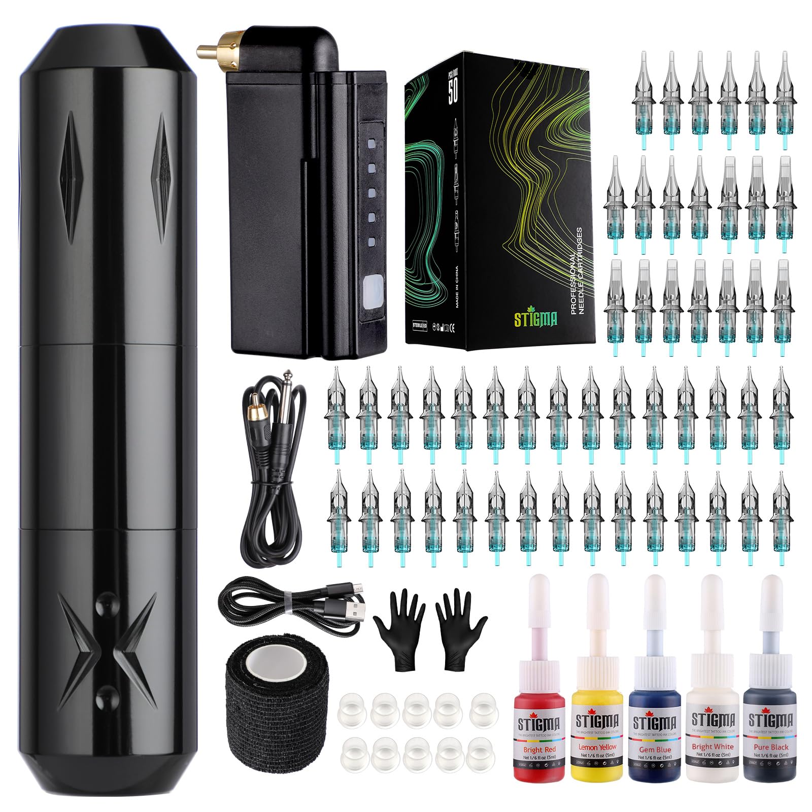 STIGMA Maquina de Tatuar Kit de Tatuaje Completo con Bateria Tattoo Kit Complete con 50pcs Cartuchos de Agujas de Tatuaje Maquina para Tatuar, 5 Tintas Colores para Tatuar Tattoo Kit Wireless P29-1