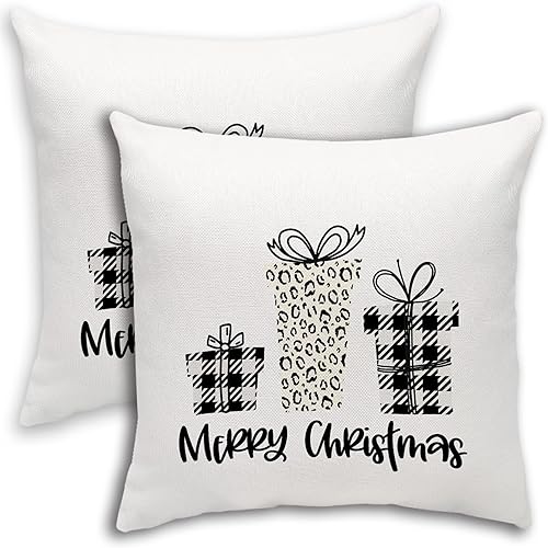 Juego de 2 fundas de almohada con diseño de caja de Navidad, diseño de búfalo a cuadros, estampado de leopardo, clásico, casa de campo, línea blanca