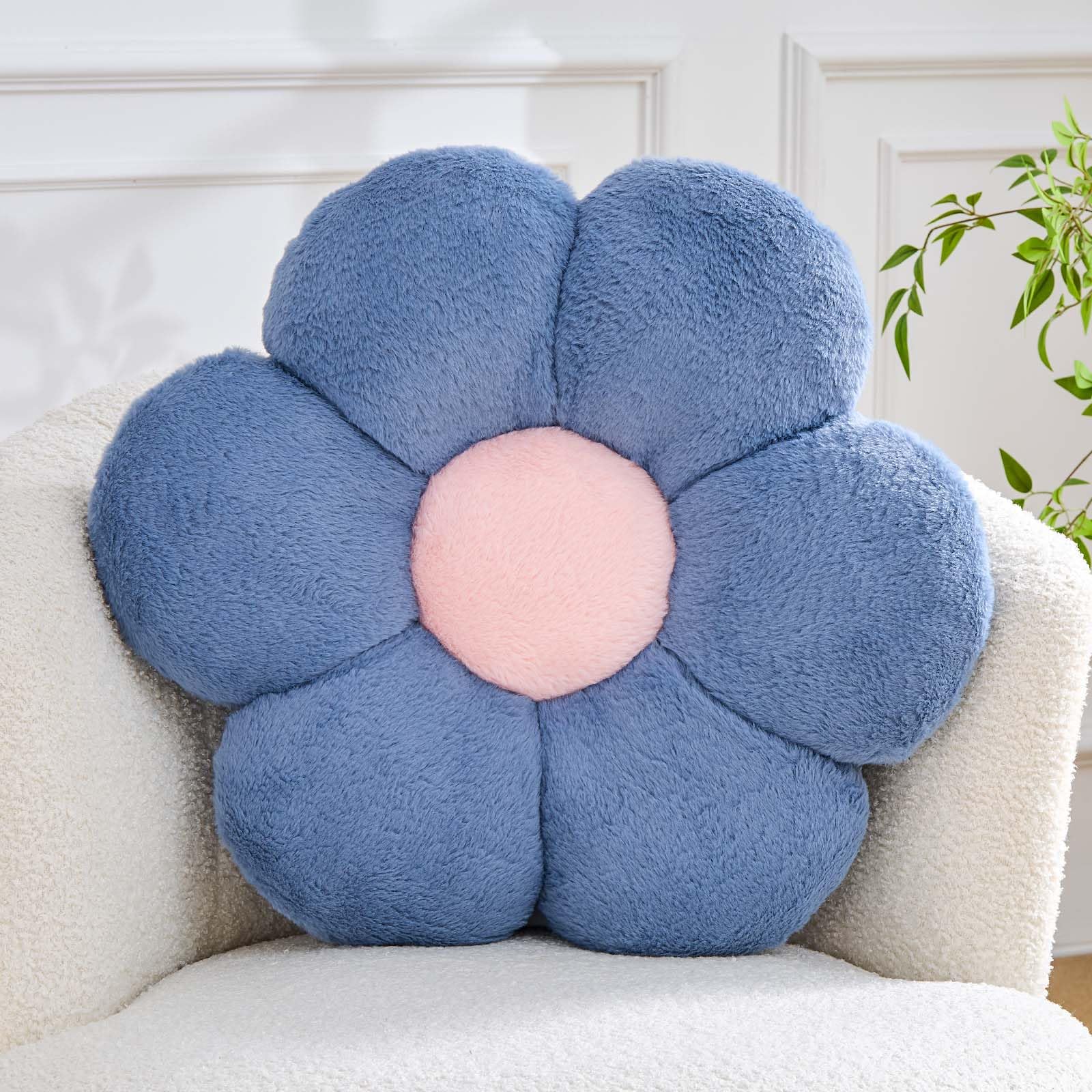 Kcvvcr Flower Pillow Cute Decorative Throw Pillow with Faux Rabbit Fur Soft Daisy Plush Floor Cushion Aesthetic Flower Shaped Pillow Home Decor for Bed Sofa Couch (Dusty Blue, 14.9 Inch)