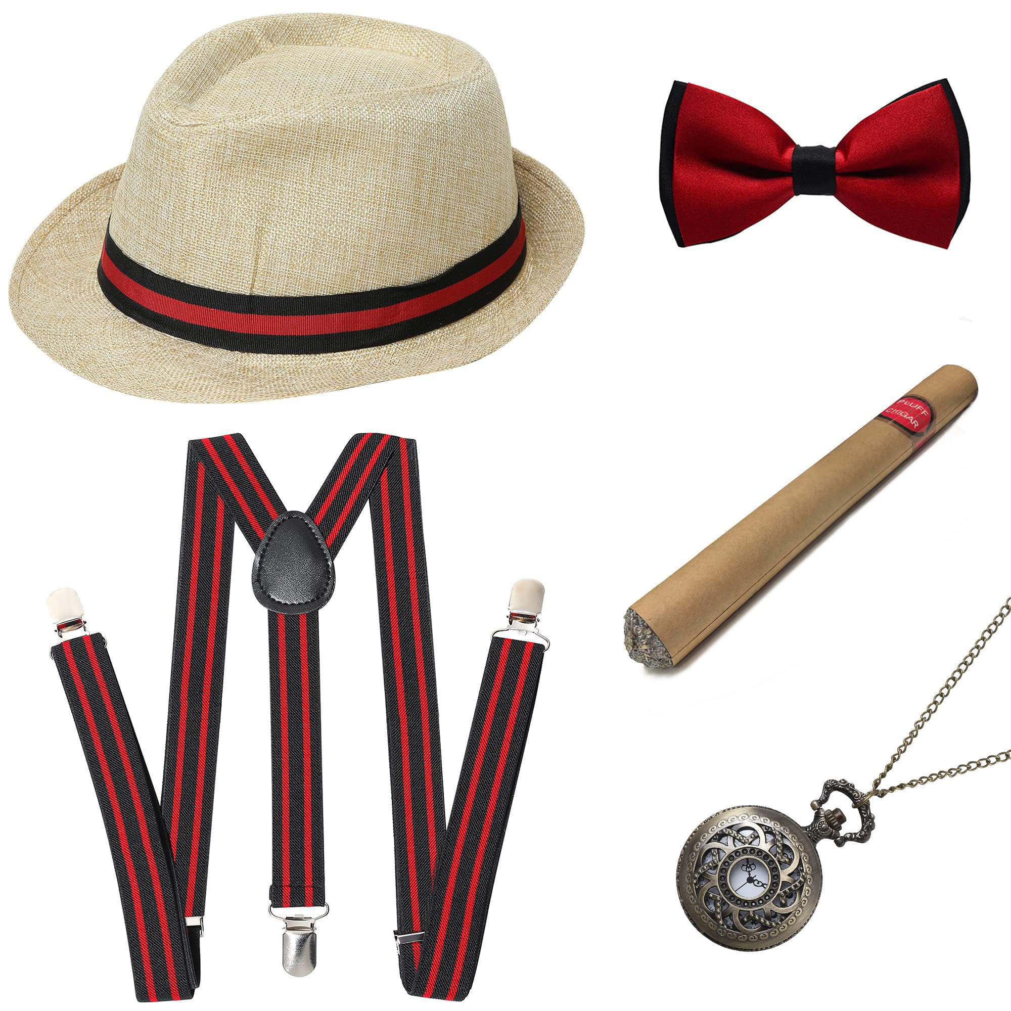 BABEYOND 1920s Mens Gatsby Gangster Accessories Set Panama Hat Suspender Bow Tie