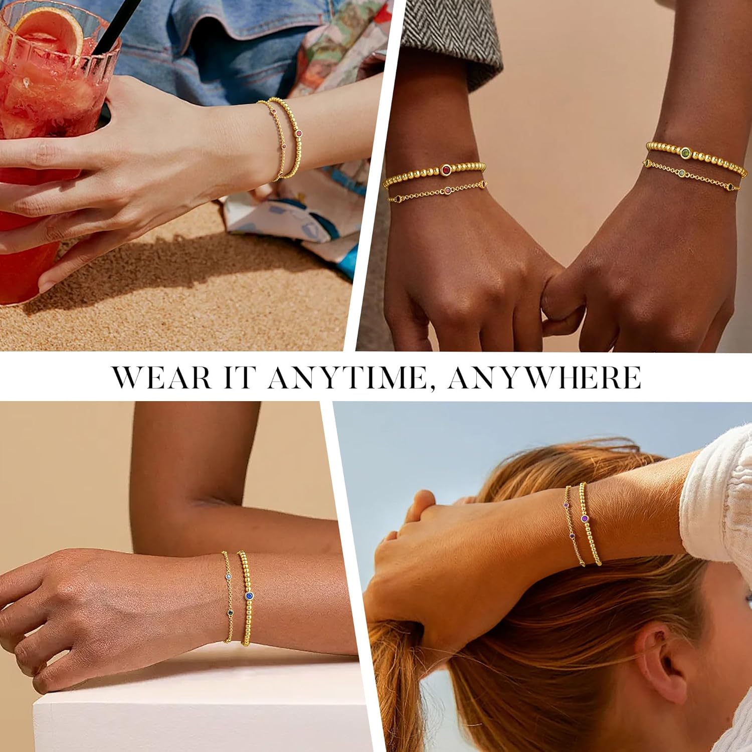 Turandoss Birthstone Beaded Bracelets for Women - Dainty 12 Month Birthstone Bracelet Stackable 14K Gold Plated Beaded Elastic Bracelets Birthday Jewelry Gifts for Women - Image 3