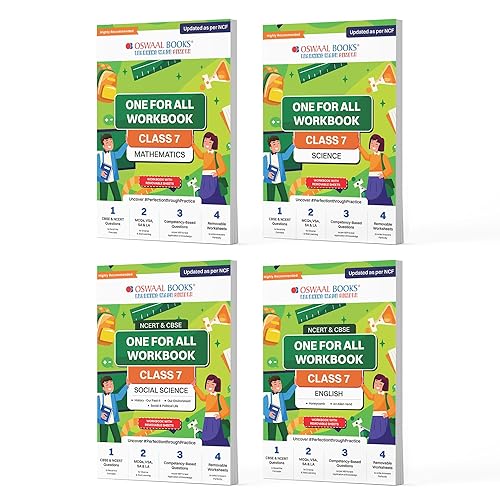 Oswaal NCERT &amp; CBSE One For All Workbook For Class 7 | Mathematics | Science | Social Science | English | Updated As Per NCF | MCQ's | VSA | SA | LA | Set Of 4 Books | For Latest Exam