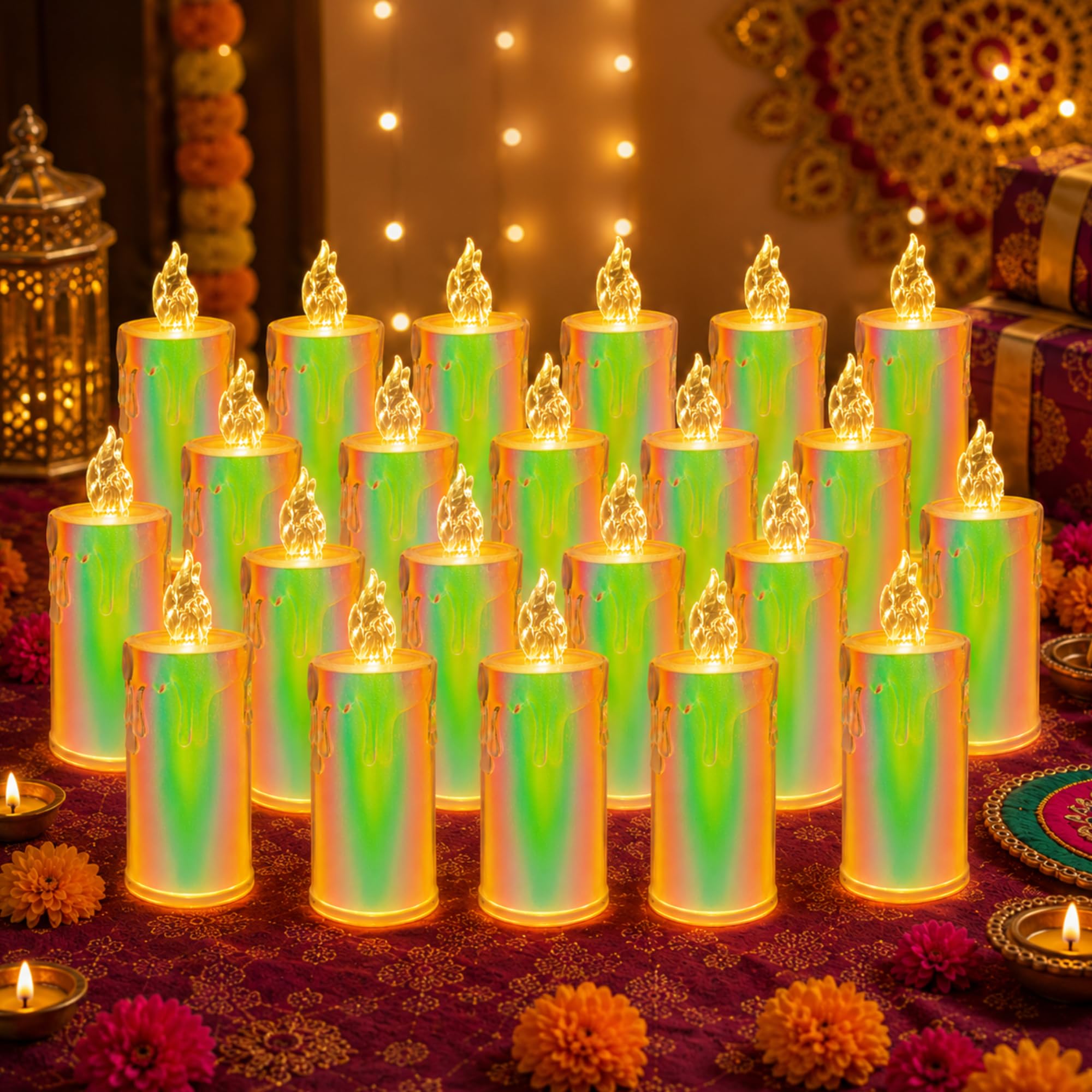 led tea light candles pack of 24 | flameless flickering decorative lights for diwali, home, table & pooja room decor (multicolor)