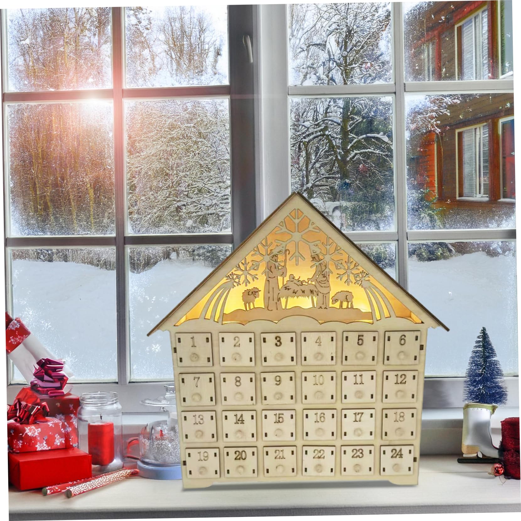 Calendario dell'avvento in legno con cassetti e conto alla rovescia di 24 giorni a 24 giorni per il calendario dell'avvento di Natale 2025 batteria operata per adulti per bambini decorazioni per la c