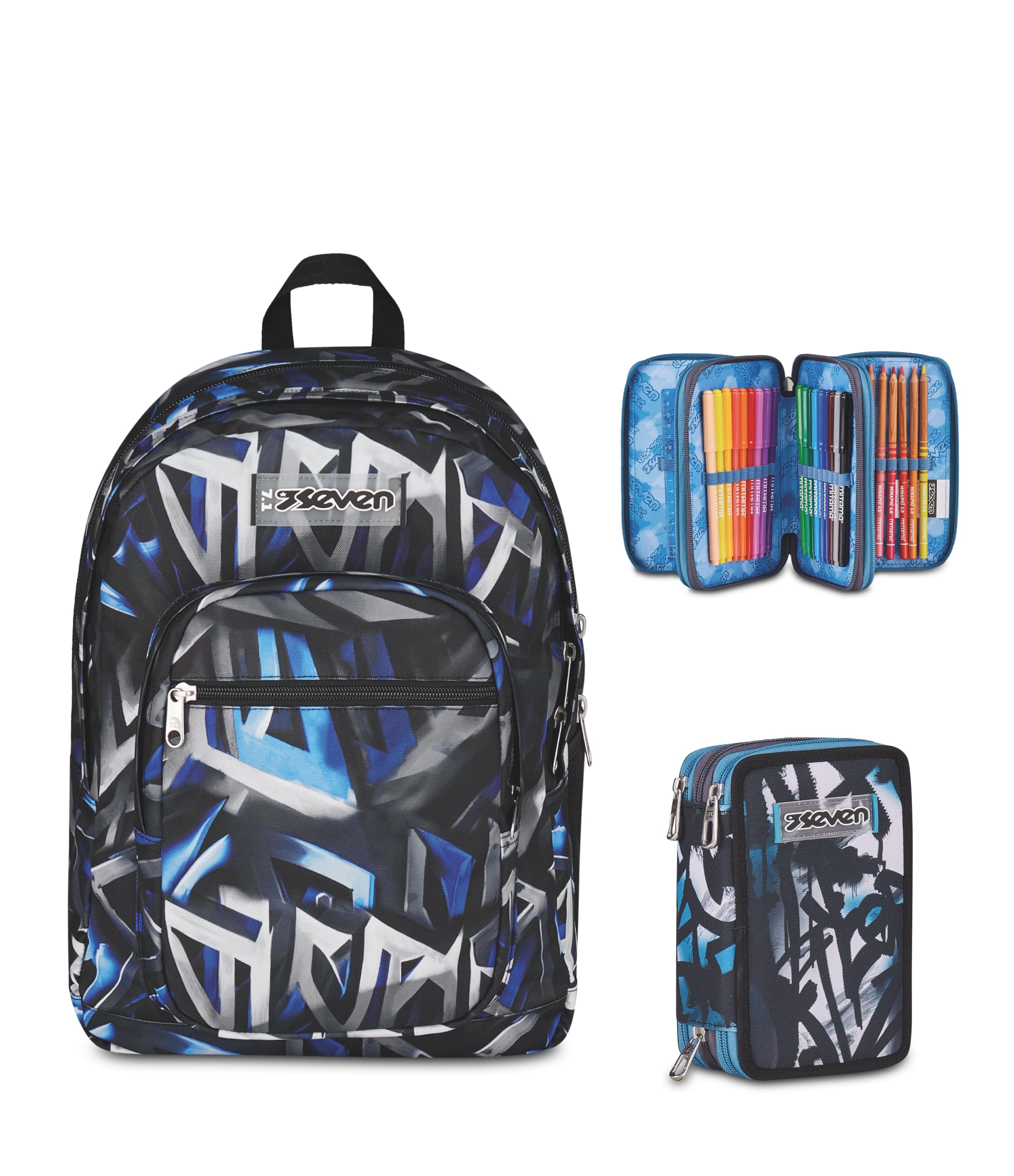 Seven Zaino Scuola FREETHINK, Doppio Scomparto, Grigio, 34 L + Astuccio 3 Zip, Completo di Matite e colori, Elementari, Medie, Tyle, Bambini e Ragazzi, grigio/nero