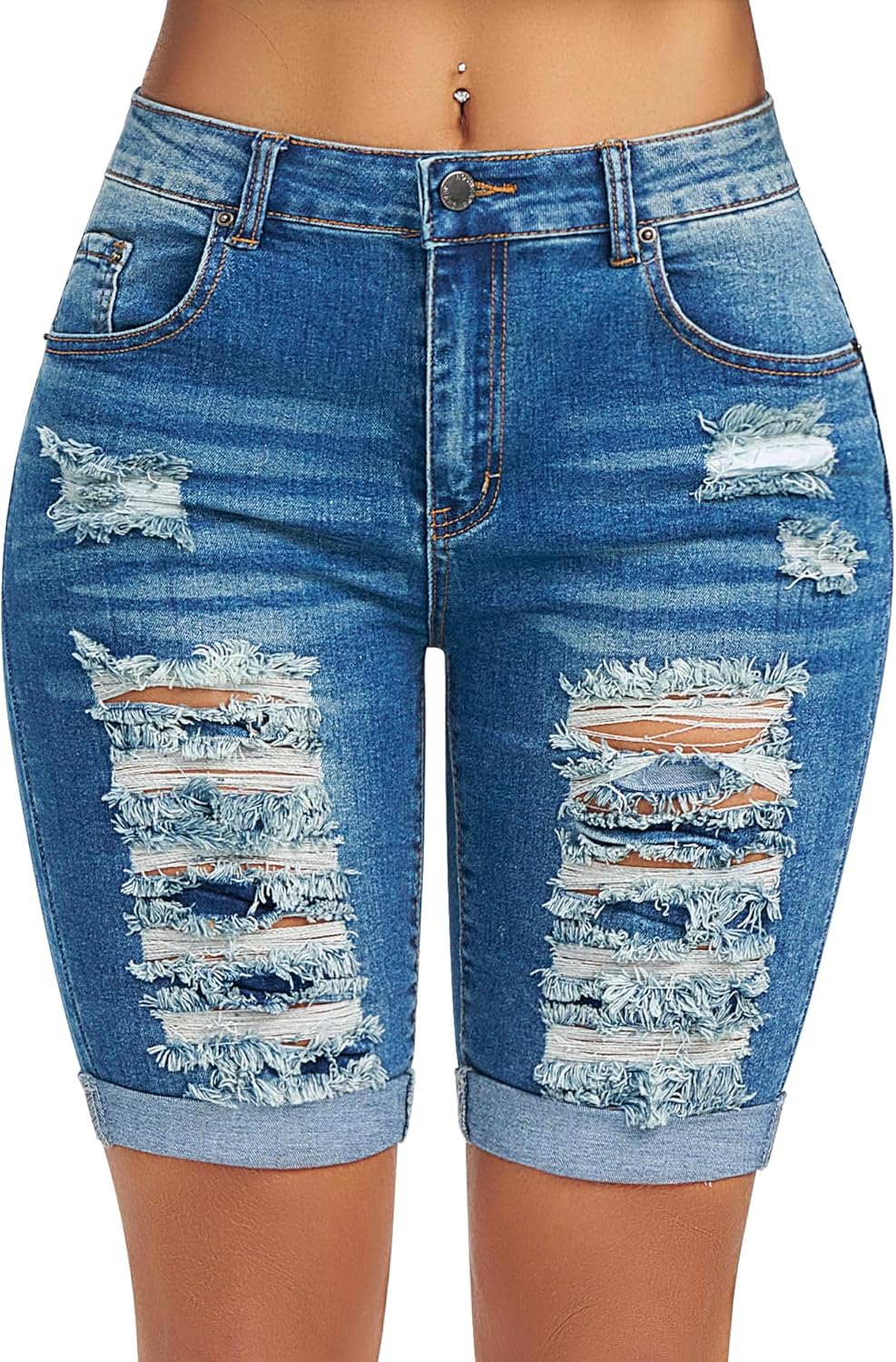 roswear Women's Distressed Knee Length Ripped Stretchy Jean Shorts