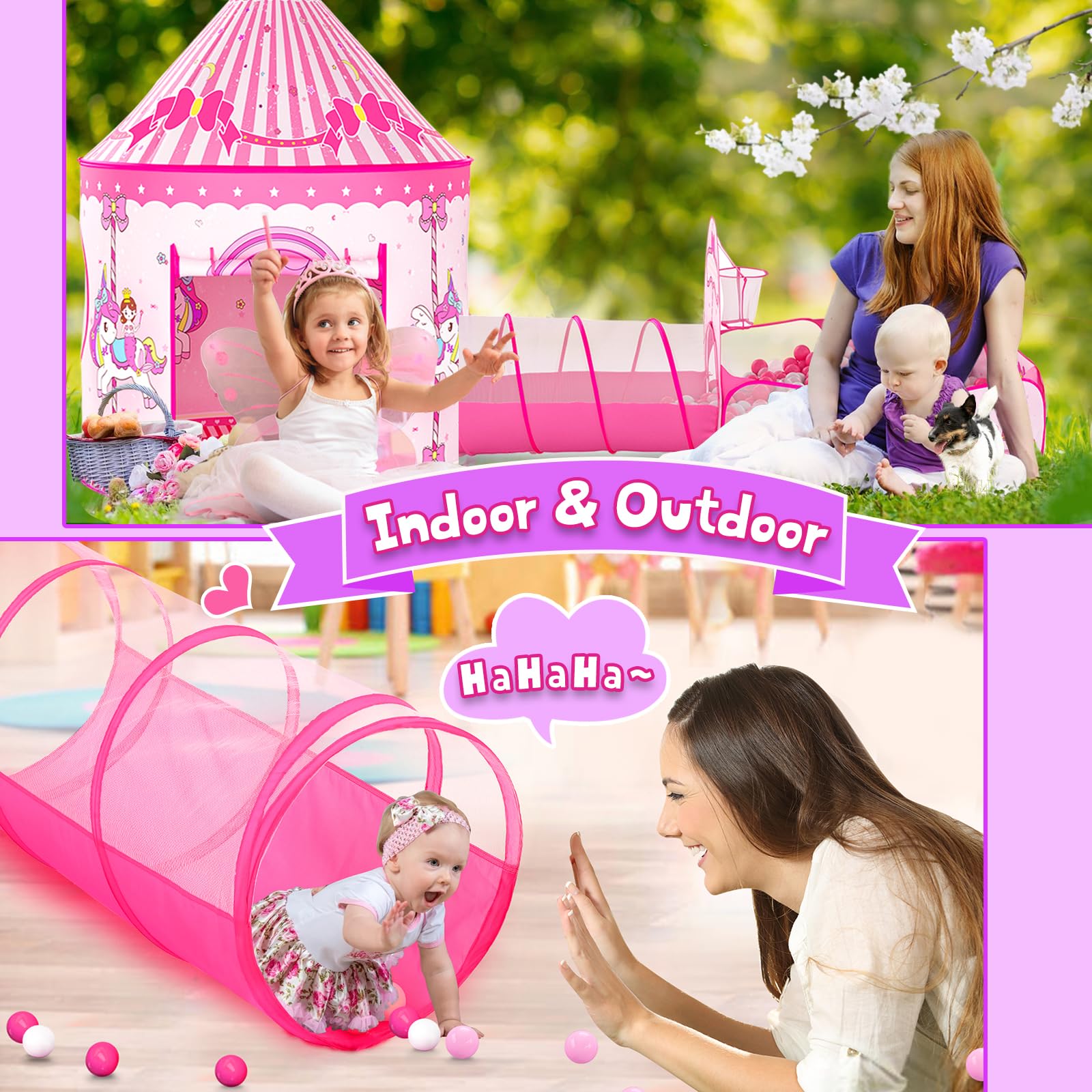 Tienda de campaña de princesa 3 en 1 para niños: casa de juegos desplegable para niños pequeños con túnel de gateo, piscina de pelotas y tienda de campaña de castillo, juguetes de tienda de campaña 3