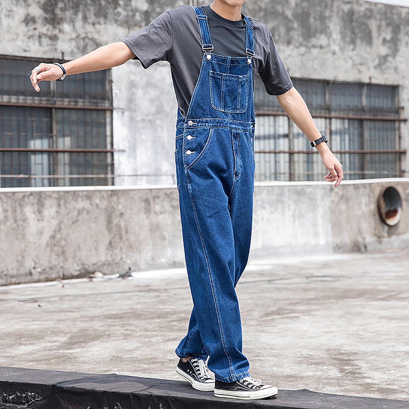 Generisch Salopette da uomo, jeans lunghi, da uomo, vestibilità regolare, in denim, grandi dimensioni, jeans elasticizzati, tinta unita, per il tempo libero, casual, semplice