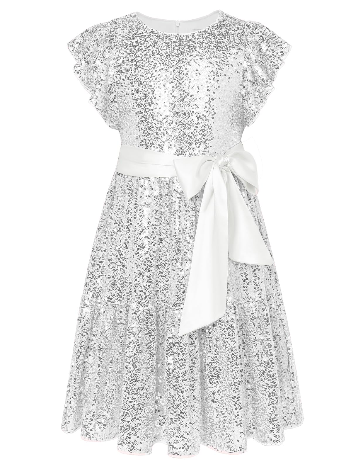 GRACE KARIN Vestido de lentejuelas para niña, manga corta, cuello redondo, vestido de princesa con lazo, vestido festivo de línea A, 6-14 años